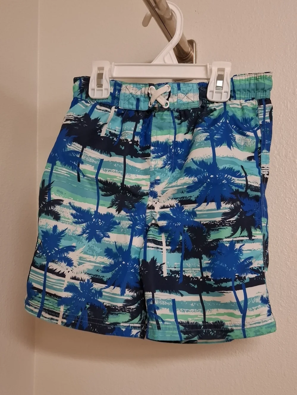 Kids Tropical Palm Print Swim Trunks - Blue & Green